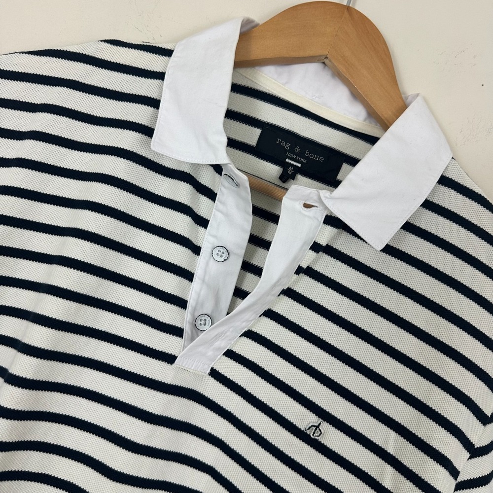 Rag & Bone Polo Shirt Cream Black Striped Cotton Stretch Short Sleeve Men M Read